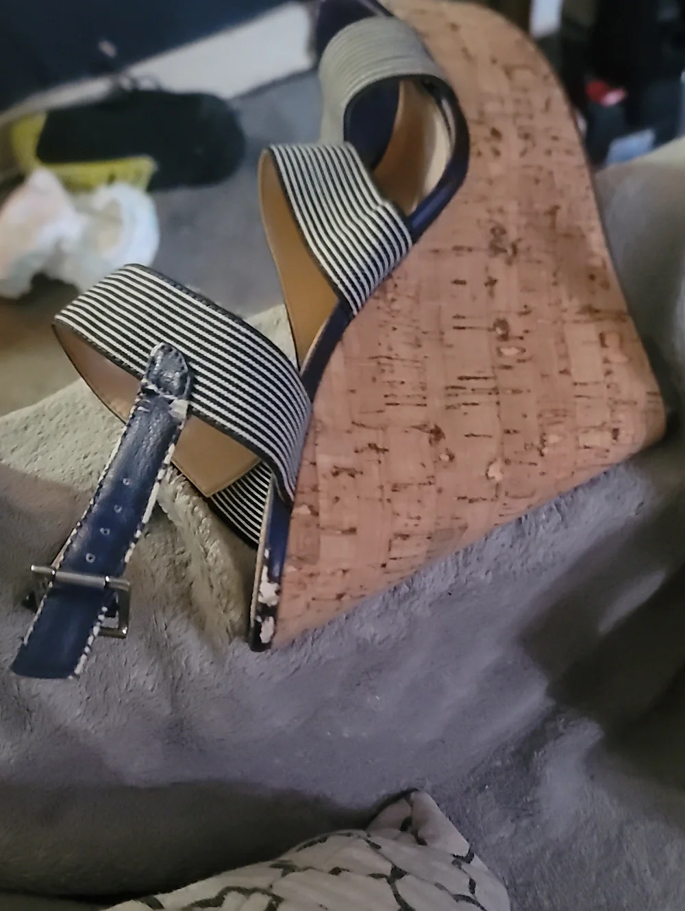 Navy Blue Striped Wedge Sandals